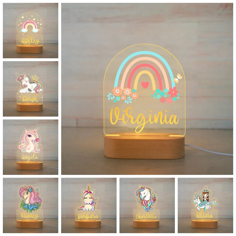 Personalized Rainbow Unicorn LED Night Light Custom Name Cute Lamp with RGB/Warm Light Base for Baby Kids Bedroom Bedside Decor