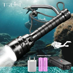 Lampe de poche de plongée sous-marine LED professionnelle, 500m de profondeur, super lumineuse, étanche, batterie 18650, lanterne 1/5LED, torche de plongée inj