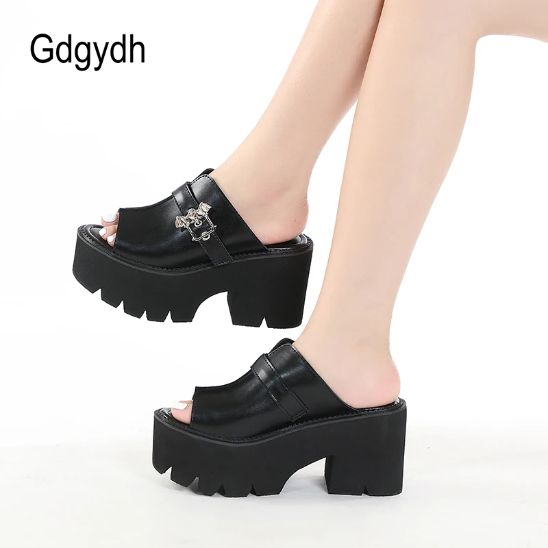 Gdgydh Goth Bat klamra Mule sandały dla kobiet obcas z wystającym palcem grube platformy letnie buty Sligbacks Plus rozmiar czarny Slip On