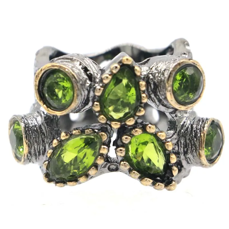 

Buy 3 get 1 free 29x20mm Neo-Gothic Vintage 17.4g Green Peridot Pink Tourmaline Aquamarine For Women Black Gold Silver Rings