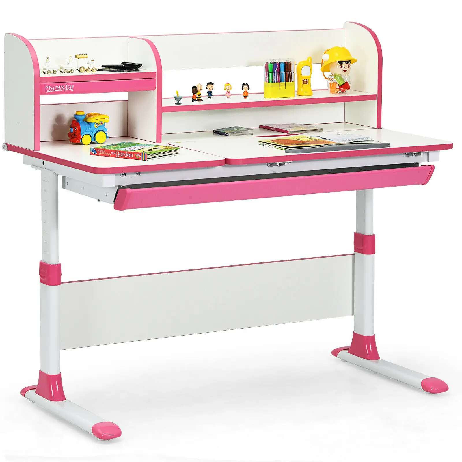 Honeyjoy-Mesa de estudio con altura ajustable para niños, mesa de dibujo, estación de ordenador, color rosa, JV10035PI +