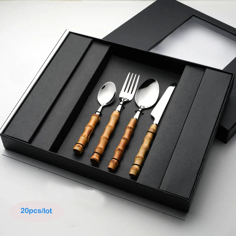 

20Pcs Bamboo Handle Tableware Set Stainless Steel Gold Dinnerware Nature Steak Knives Forks Dessert Spoons Kitchen Cutlery Set