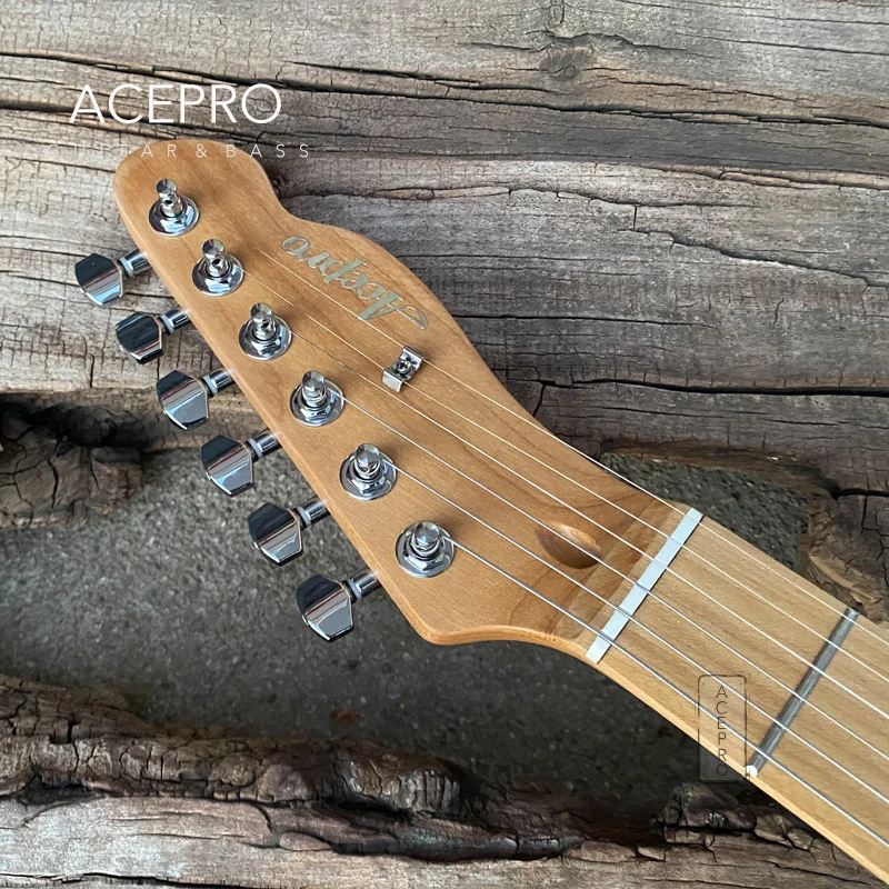 Acepro Brown Burst Electric Guitar, 2 piece Mahogany with Spalted Maple, Roasted Maple Neck, Abalone Dots Inlays Chrome Hardware