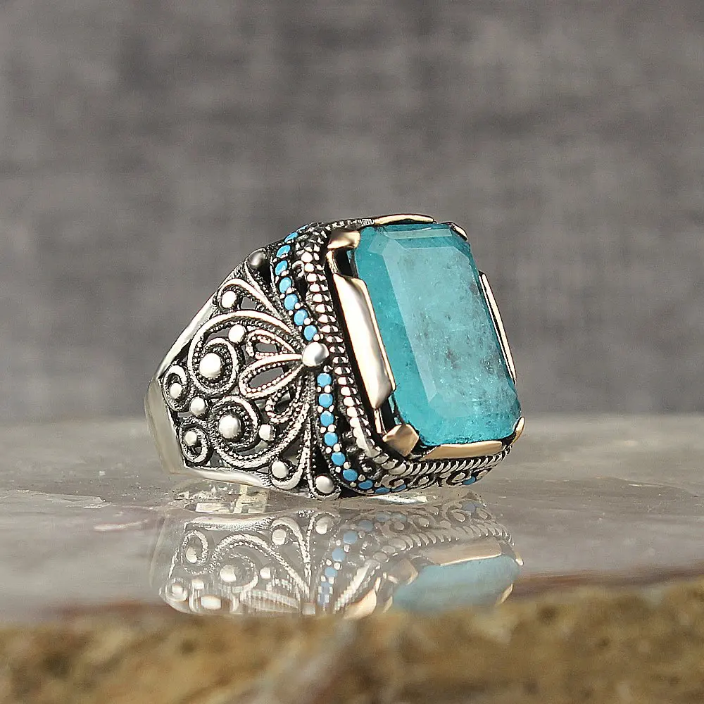 

925 Sterling Silver Ring for Men Paraiba Stone Jewelry Fashion Vintage Gift Onyx Aqeq Mens Rings All Size