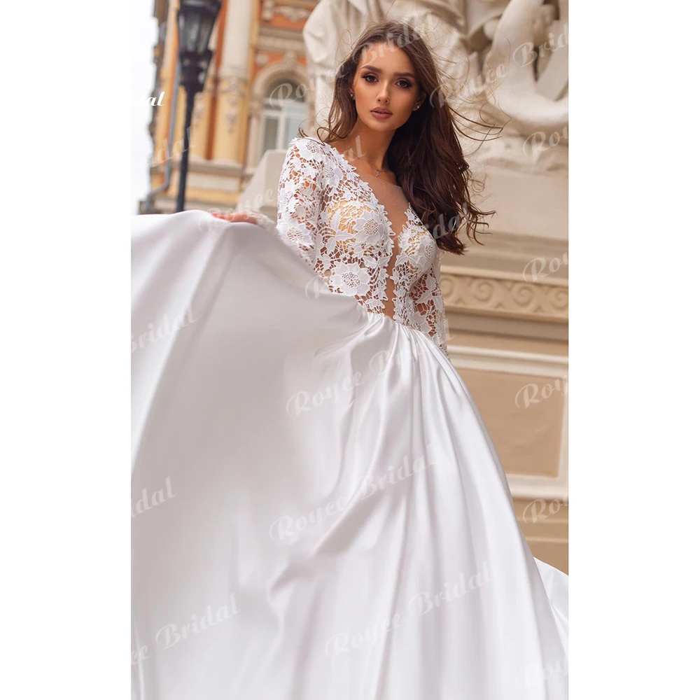 Abiti da sposa a trapezio 2022 abiti da sposa manica a cappuccio pieno Sweep scollo a v senza schienale raso Appliques al pavimento pizzo robe de mariée