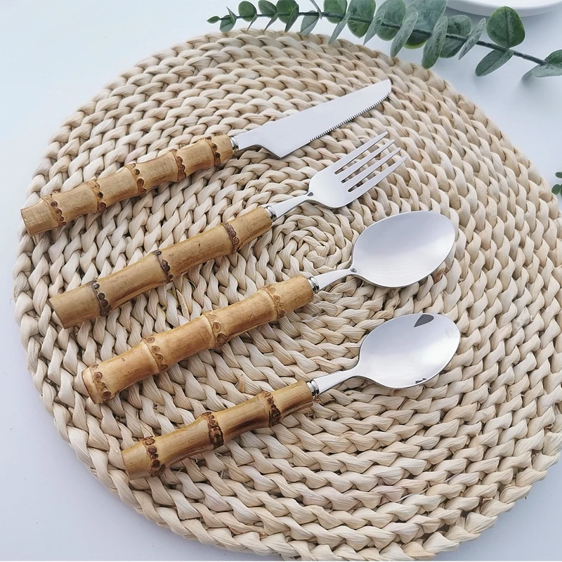 16/24/32Pcs Dinnerware Sets Original Nature Bamboo Handle Stainless Steel Cutlery Fork Spoon Home Kitchen Tableware Cutleri