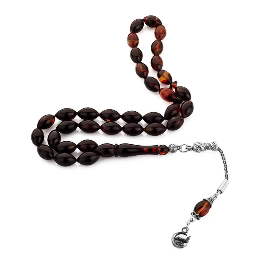 Silver Multi Colored Amber Gemstone Prayer Rosary Men Barley Cut Rosary With Silver Tassel Turkish Grey Wolf Style Tassel