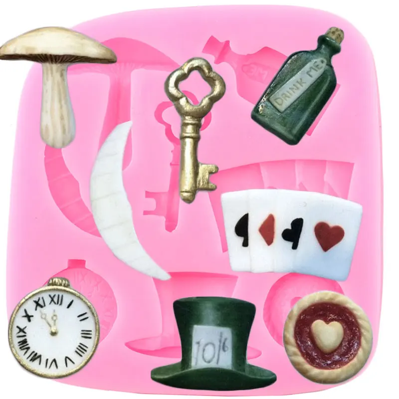 Alice Wonderland Silicone Mold Poker Magic Clock Key Fondant Molds Cake Decorating Tools Candy Clay Chocolate Gumpaste Moulds