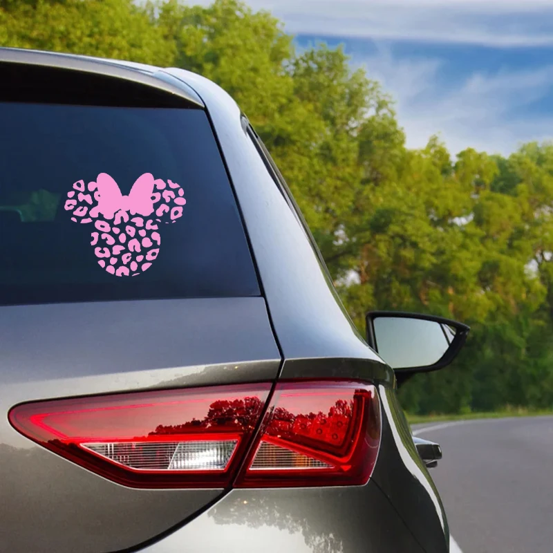 Car Accessories Stickers Female Mouse Hear Ears Decals Spoof or Parody With Black Bow Leopard Skin Pattern Laptop Vinyl Sticker