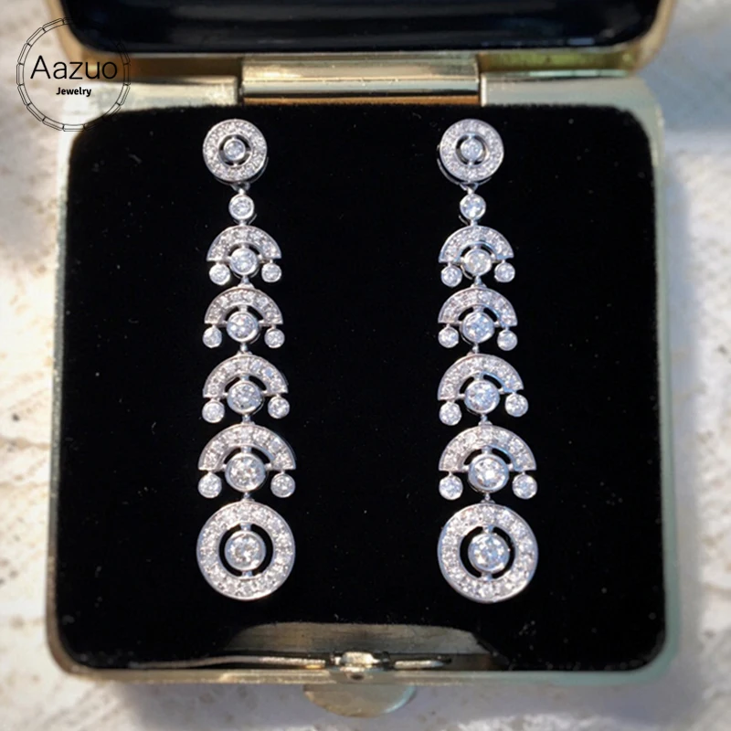 Aazuo Real 18K Solid White Gold Real Diamonds 1.1ct Luxury Long Stud Earrings Gifted For Women Wedding Party Deluxe Banquet