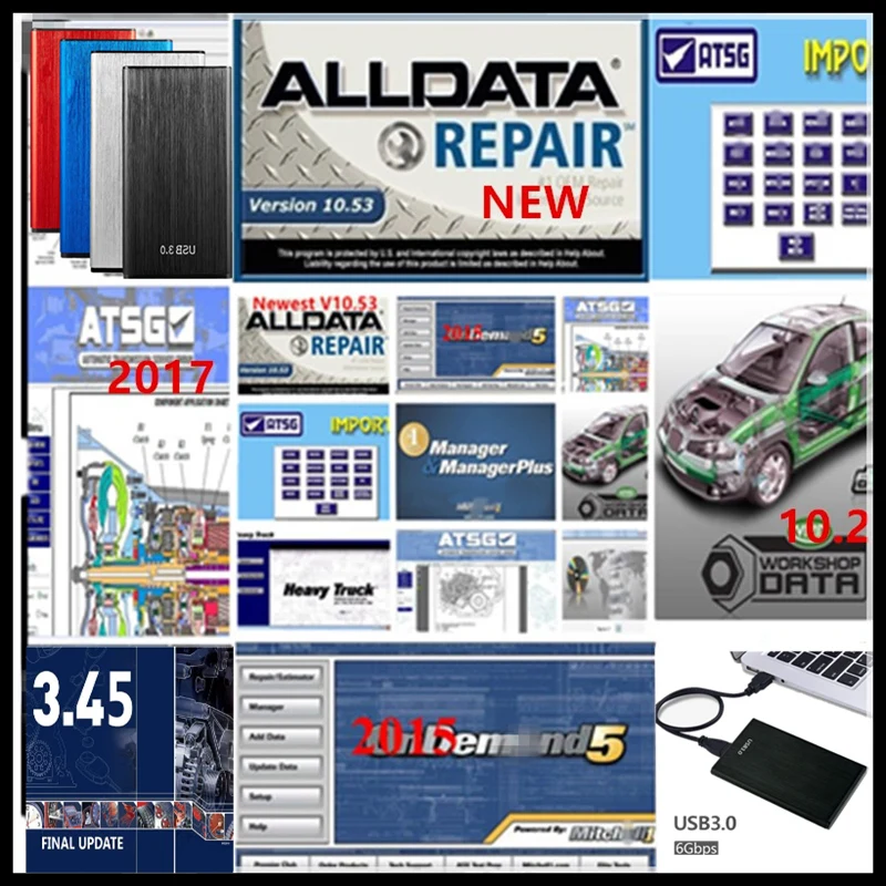 Newest version alldata software 10.53 mitch.ll 2015 atsg 2017 autodata 3.45 vivid els.win etk.a for cars and trucks 49 in1tb hdd 