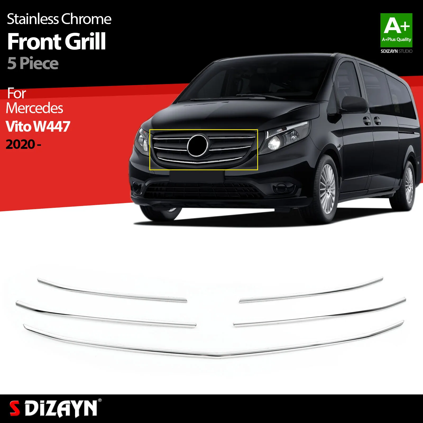 

S Dizayn For Mercedes Vito W447 Facelift Chrome Front Grill Stainless Steel 5 Pcs Exterior Car Accessories Parts Auto Products