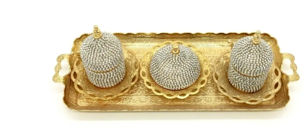 Tu rkey authentic AMAZING Giftalgel Swarovski Stone Embroidered Set of 2 Gold Color Turkish Coffee Sets FREE SHIPPING