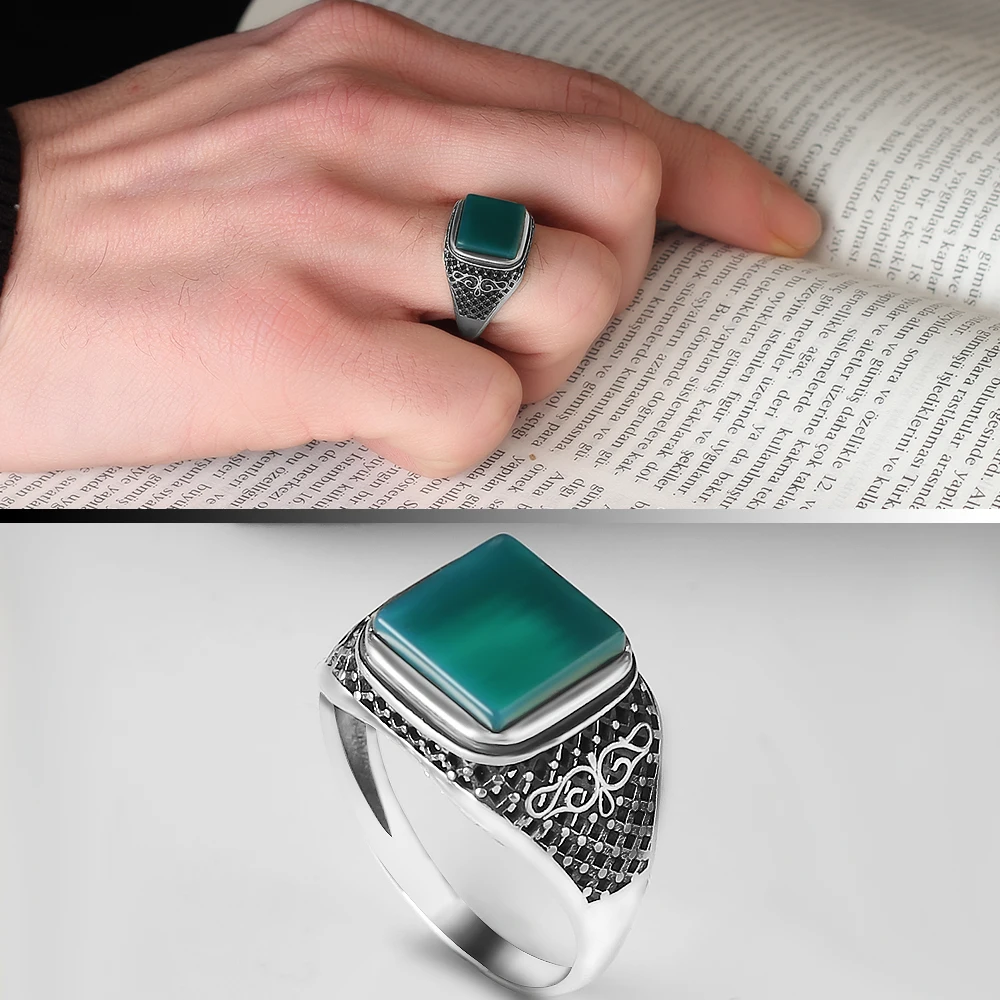 

925 Sterling Silver Ring for Men Aqeeq Agate Stone Jewelry Fashion Vintage Gift Onyx Aqeq Mens Rings All Size