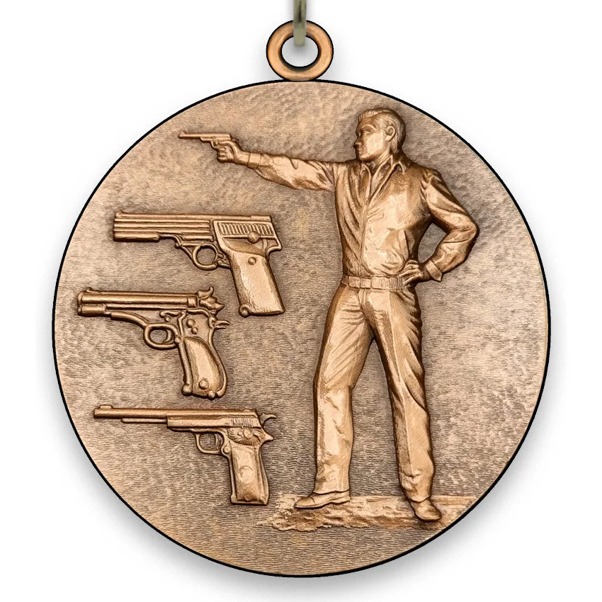 Large Metal Pistol Shooting Bronze Medal - 6,4 cm - with Neck Ribbon size 2,2cm x 80 cm - Choice of Ribbon Colours.