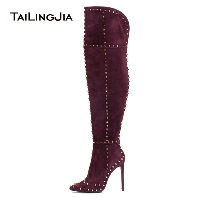 Tailingjia Stylish Ladies Pointed Toe High Heel Winter Shoes With Studs 2024 Womens Burgundy Black Studded Thigh High Boots