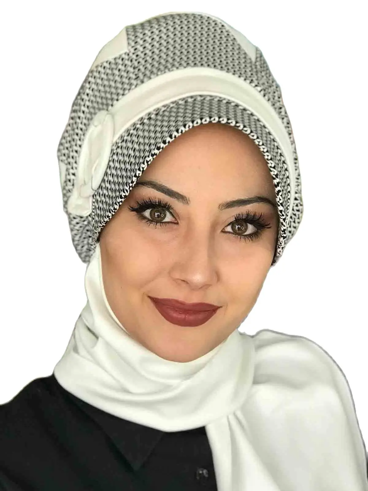 New Fashion 2021 Islamic Headscarf Turban Woman's Hat Spring Summer Scarf Black White Patterned Buckle Çarkfelek White Scarf Hat