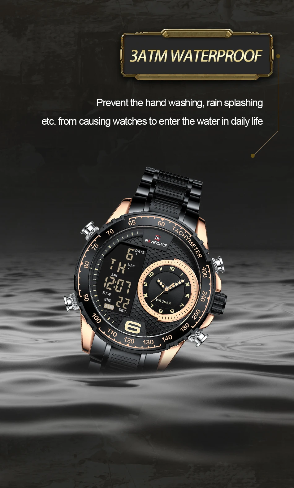 Naviforce Men\'s Watches Top Brand Luxury Quartz Watch for Men Chronograph Waterproof 24 Hour LCD Display Luminous Sport Watch