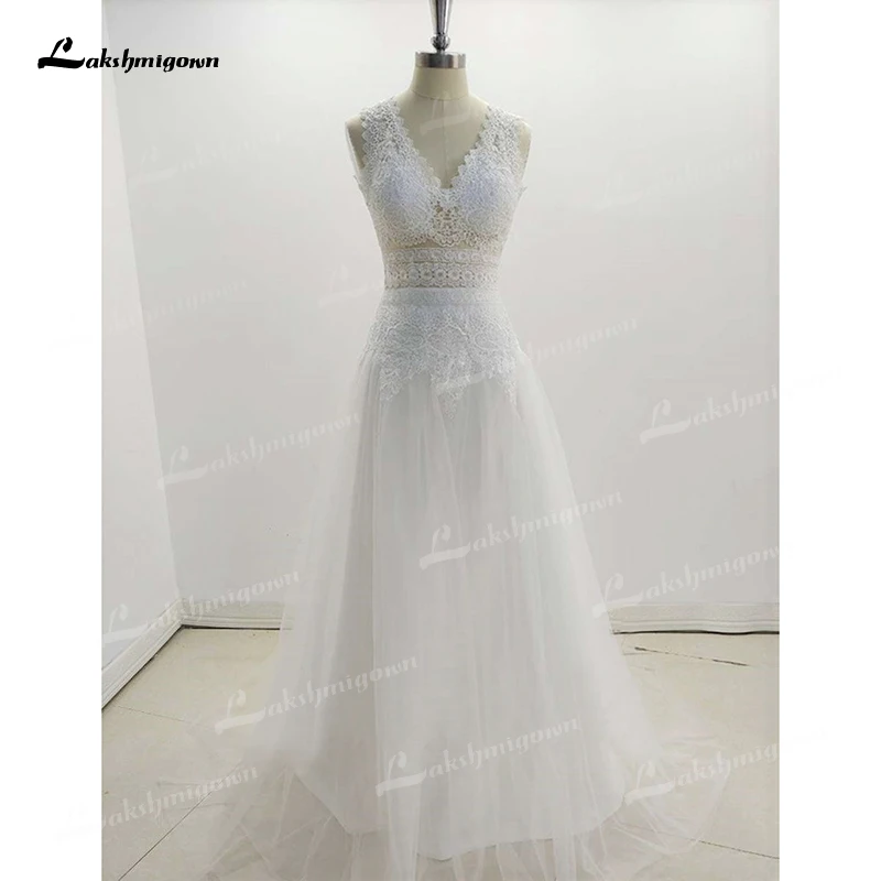 Boho Spitze Hochzeit Kleider 2022 Brautkleider Ärmelloses Sweep Backless Tank V-ausschnitt Tüll Bodenlangen Appliques Dame Robe