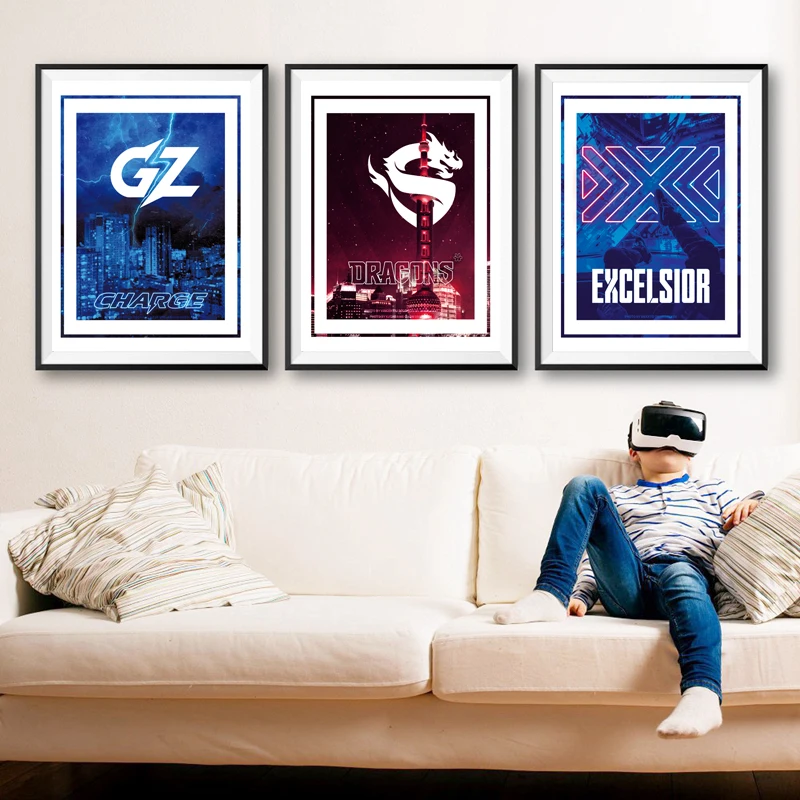 Overwatchs League Game Posters and Prints Guangzhou Charge, Shanghai Dragons,New York Excelsior Canvas Painting Boys Room Decor