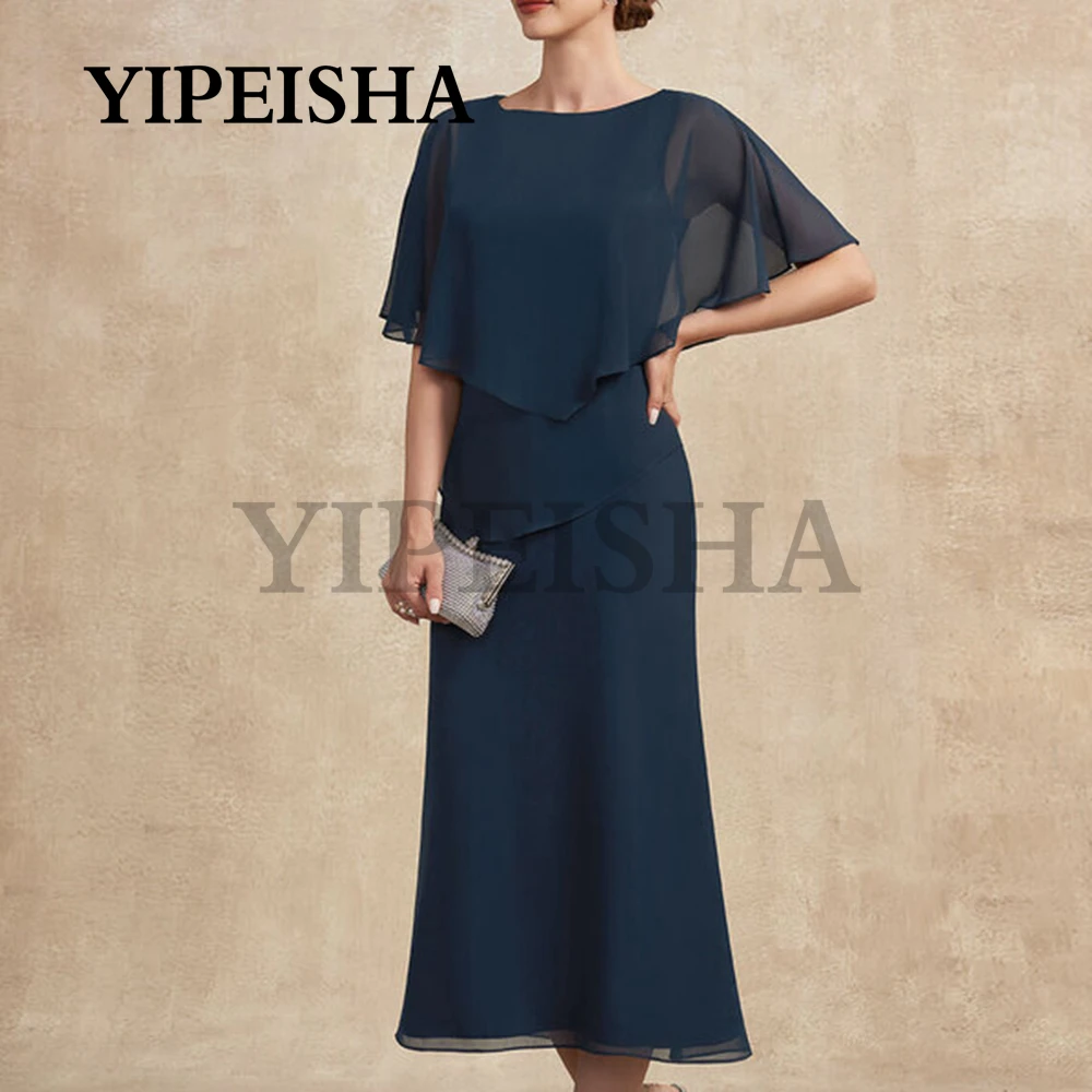 Simple Short Sleeve Navy Blue Mother Of The Bride Dresses Tea-Length Chiffon Wedding Guest Gown vestidos para madre de novia