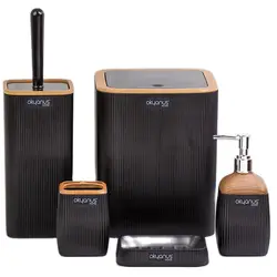 Luxury 5 Pcs Black Wooden Bathroom Accessories Set Toothbrush Holder Soap Dispenser Toilet Brush Liquid Soap Dispenser Trash Can