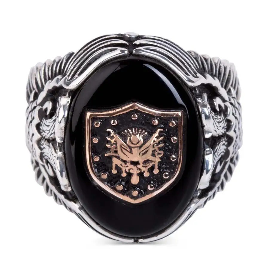 

Ottoman Emblem on Black Onyx Stone Ring with Double-Headed Eagle Pattern Fashion Turkish Premium Quality Handmade Jawelery