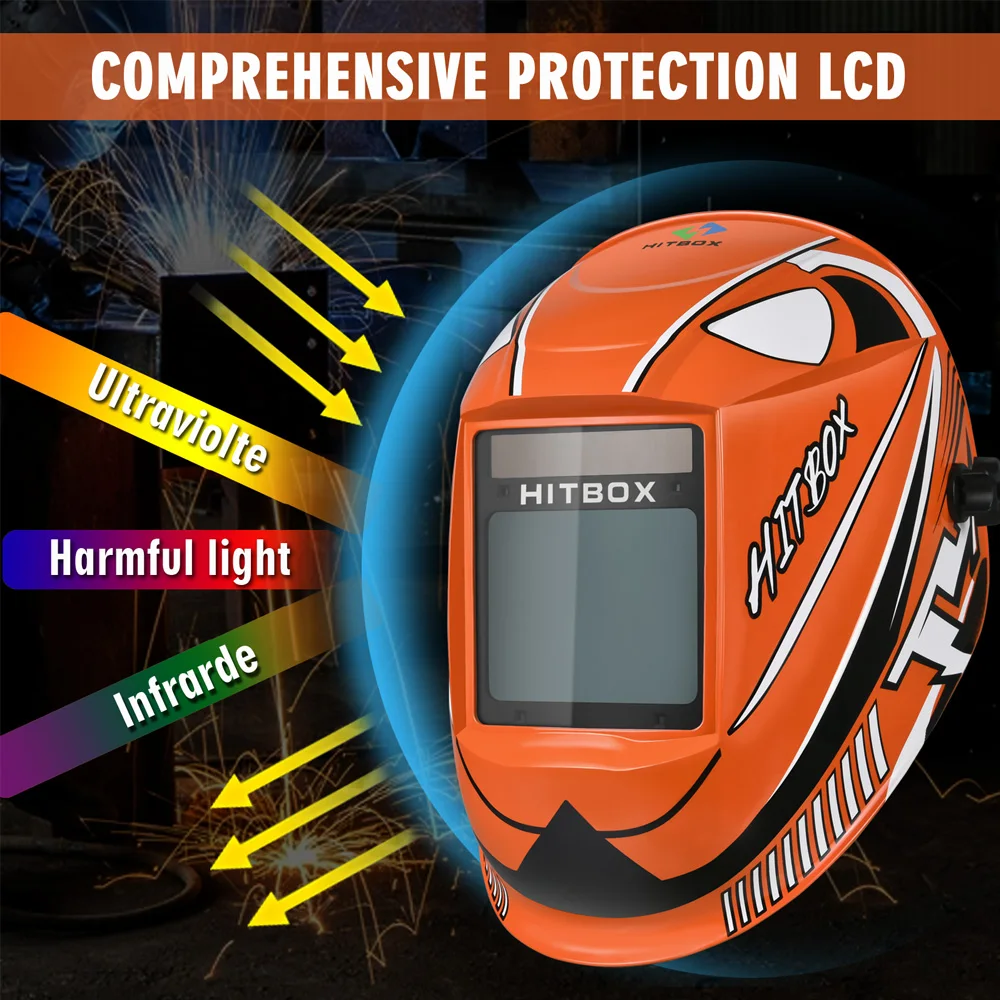 HITBOX Welding Helmet ​Auto Darkening Large Viewing Screen Hood Solar Lithium 4 Arc Sensor TIG MIG Arc Grinding Welder Mask