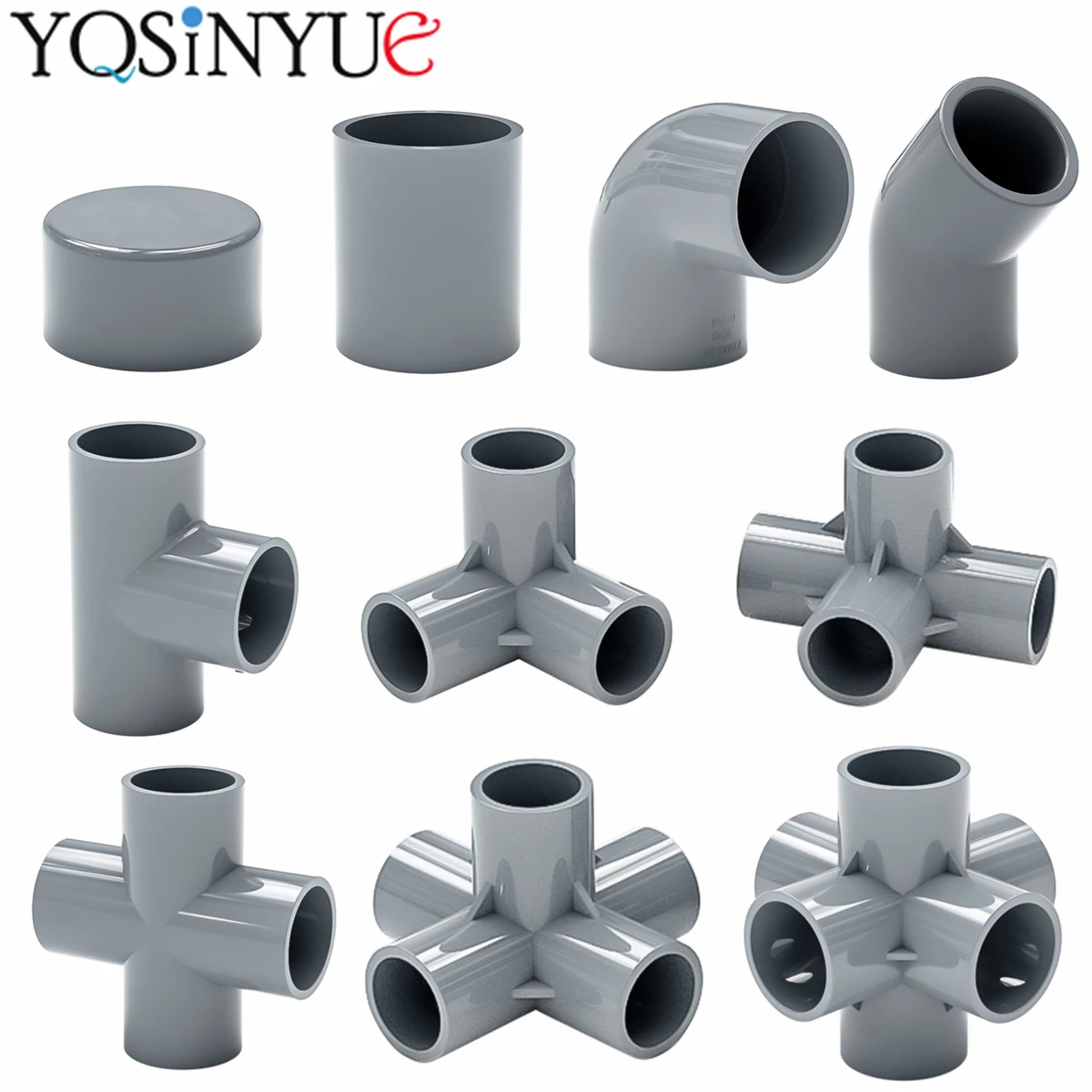 Straight Elbow Solid Equal Tee Four-way Connectors Grey PVC Water Supply Pipe Fittings Plastic Joint Irrigation Water Parts