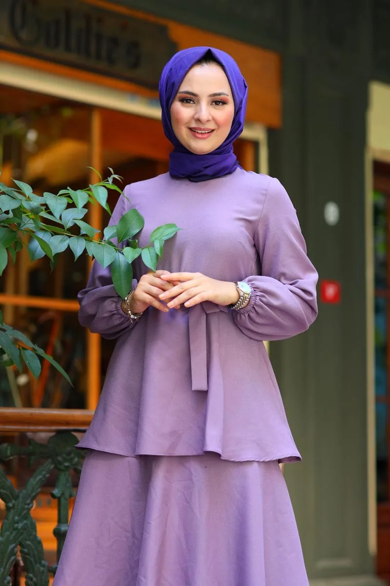 Muslim Layered Gathered Detailed Dress Muslim Sets Woman Long Dress Hijab Abayas Women Islamic European Clothing Robe