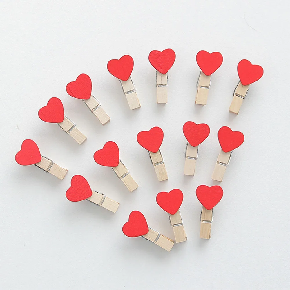 50Pcs Mix Mini Red Heart Wooden Love Clips Photo-Paper Postcard Clips Valentines Wedding Home Decorations Party Supplies Decors