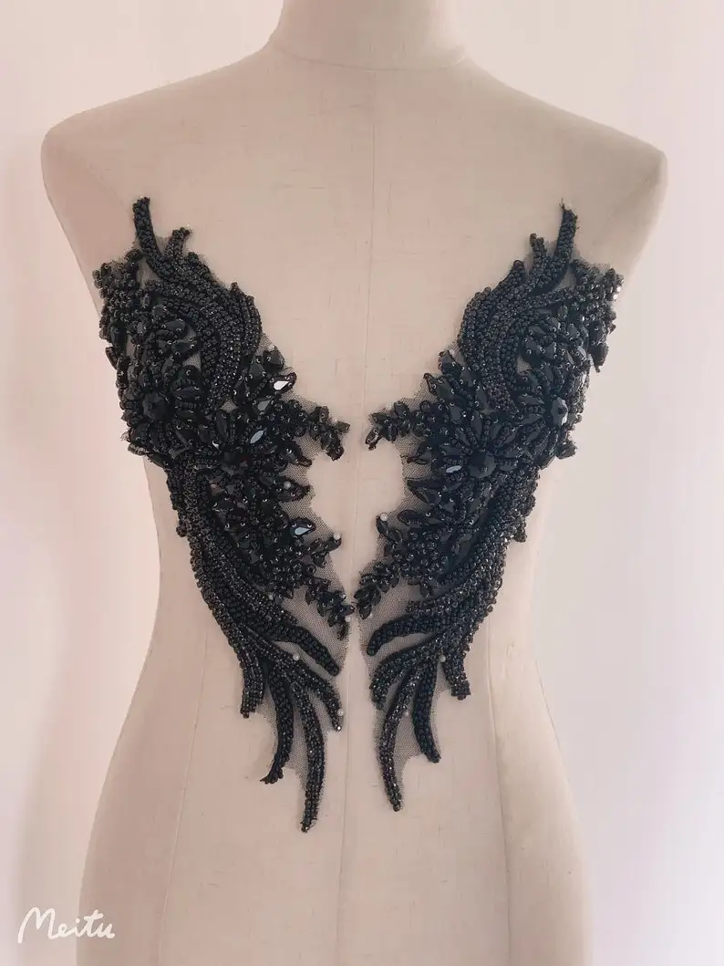 

Black French Bead Applique Crystal Bodice Patch Heavy Bead Applique For Couture WK201212