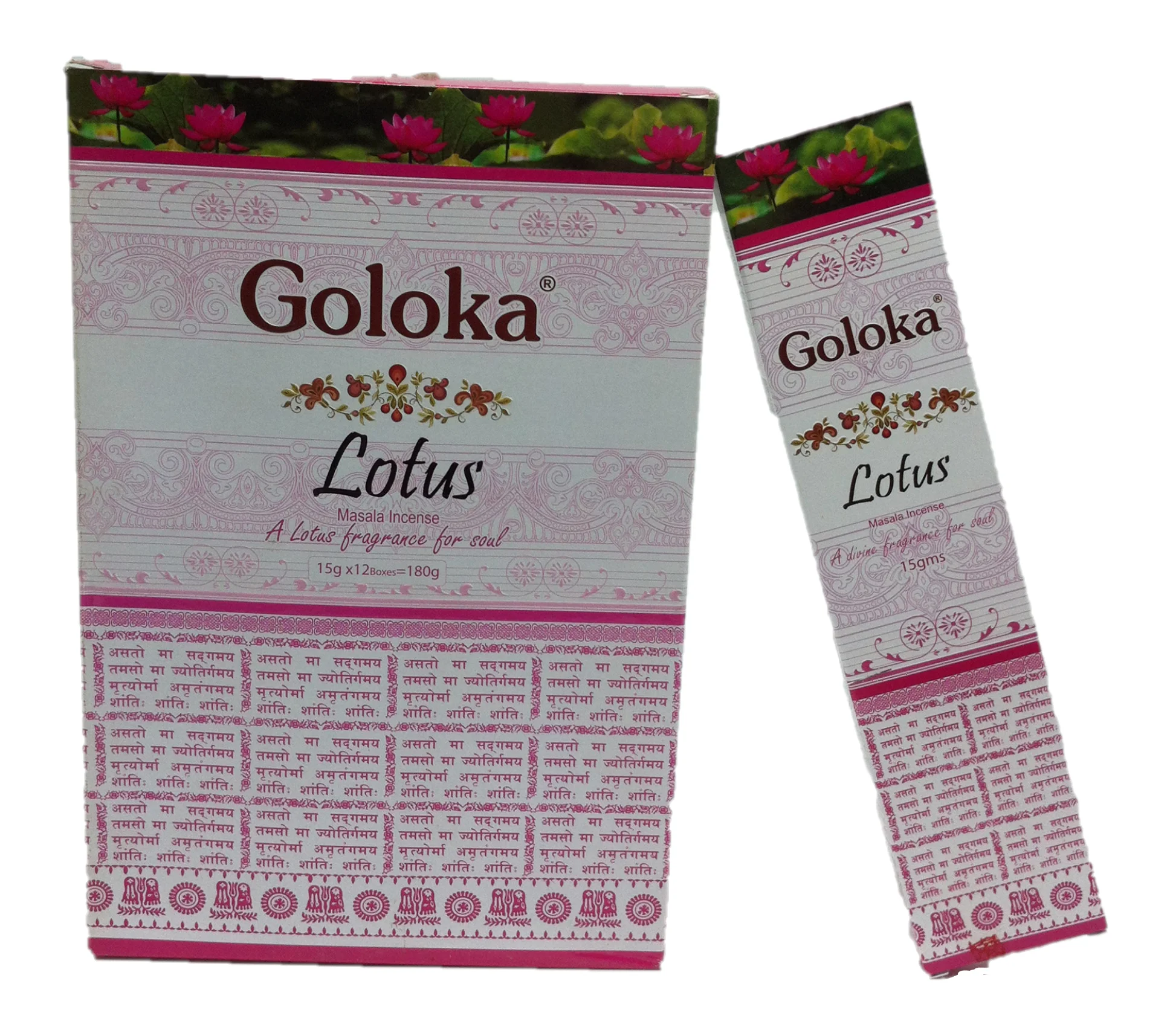 Goloka Lotus incense in rods box of 12 boxes of 15 grams total 180 grams to arminize rooms, calm environments