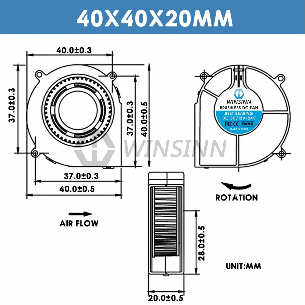 WINSINN 4020 40mm Blower Fan 5V 12V 24V Hydraulic / Dual Ball Bearing Brushless Cooling Turbine Turbo 40x20mm 2PIN  [4-Pack]