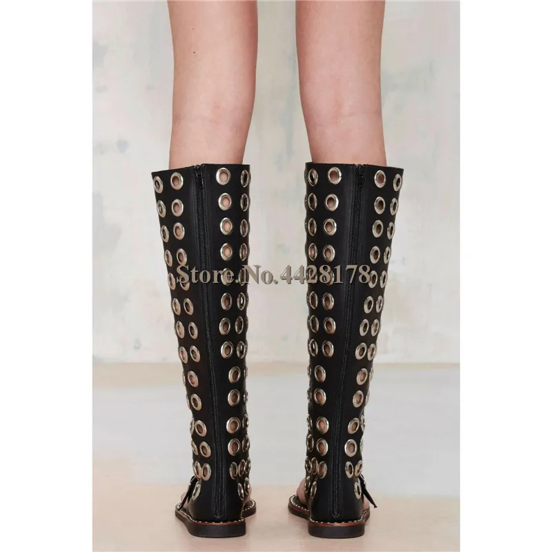 Fashion Gold Ring Hollow Summer Women Gladiator Knee High Long Sandals Boots Flip Flop Ladies Shoes Woman Black Flat Sandal 2020