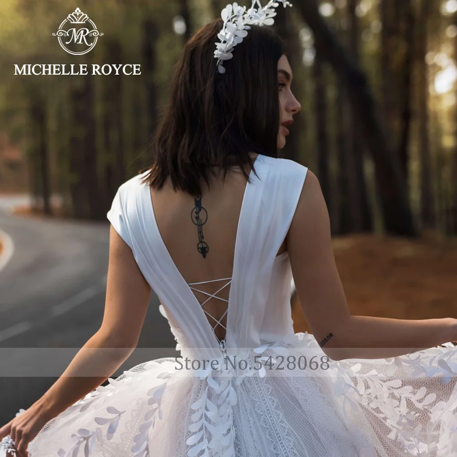 Michelle Royce A-Line ชุดแต่งงานเซ็กซี่สำหรับผู้หญิงคอวีแขนกุด appliques กระโปรงชุดเจ้าสาวหอสวดมนต์