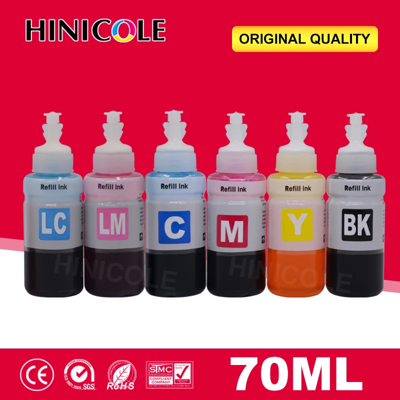 

Hinicole 6 Bottles x 70ml T6741 T6731-T6736 Refill Water Dye Based Ink Kit For Epson L800 L801 L810 L850 L860 L1800 Printer Ink