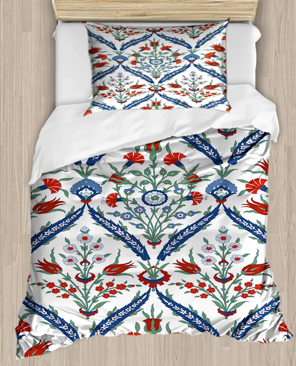 

Else Ottoman Vintage Blue Red Tulips Flowers 4 Piece 3D Print Cotton Satin Single Duvet Cover Bedding Set Pillow Case Bed Sheet