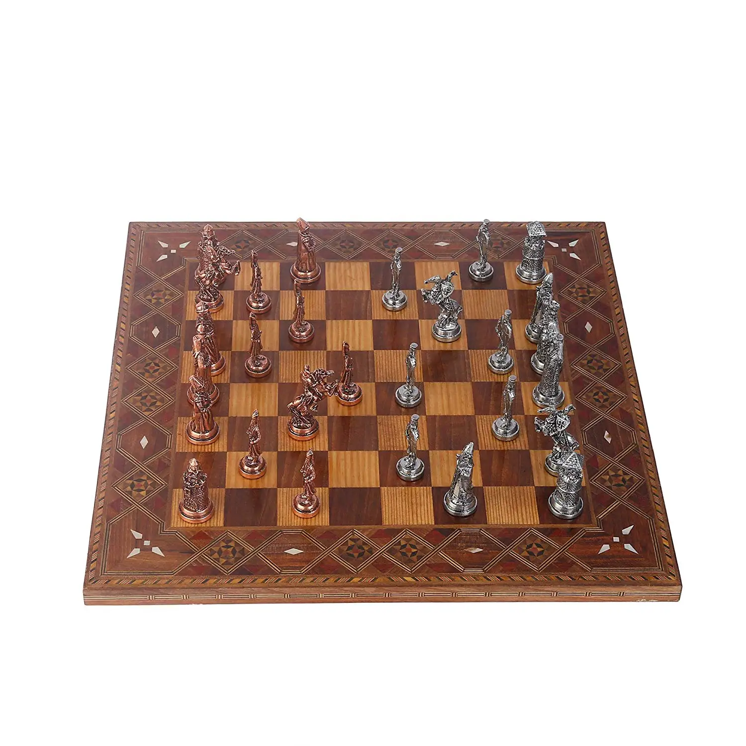 

Ottoman Byzantine Figures Metal Chess Set,Handmade Pieces,Natural Solid Wooden Chess Board, Original Pearl on Board King 7.5cm