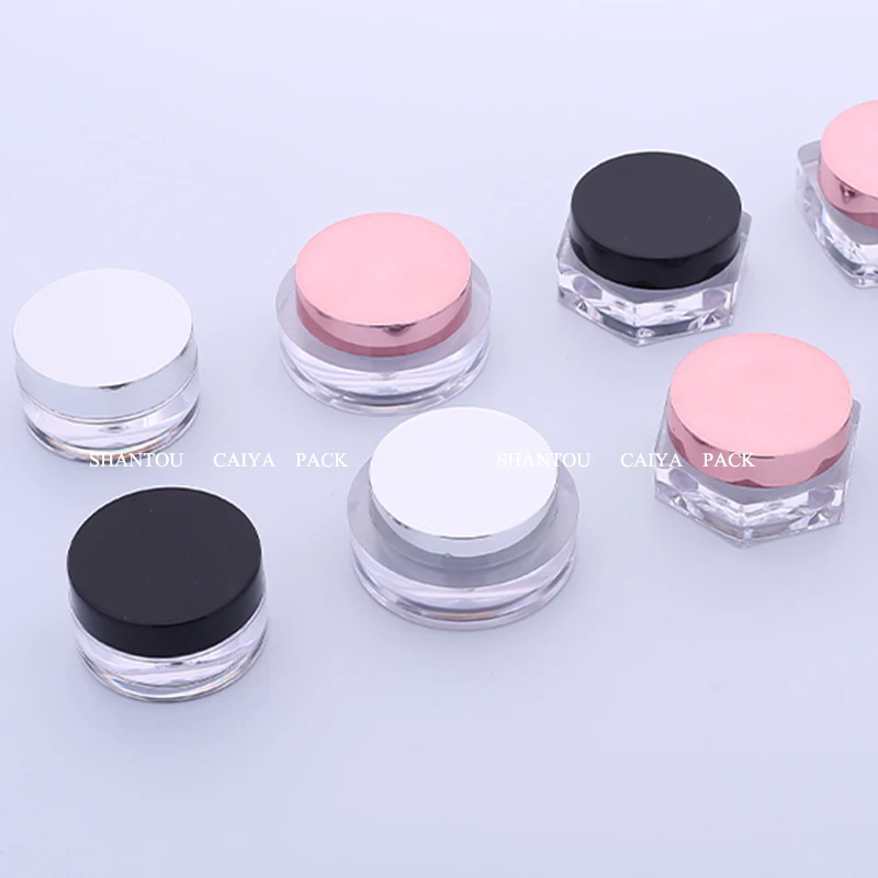 

Mini plastic round hexagon 5g pink black white rose gold acrylic cosmetic packaging Nail Polish Powder Gel Pigment Jar Container