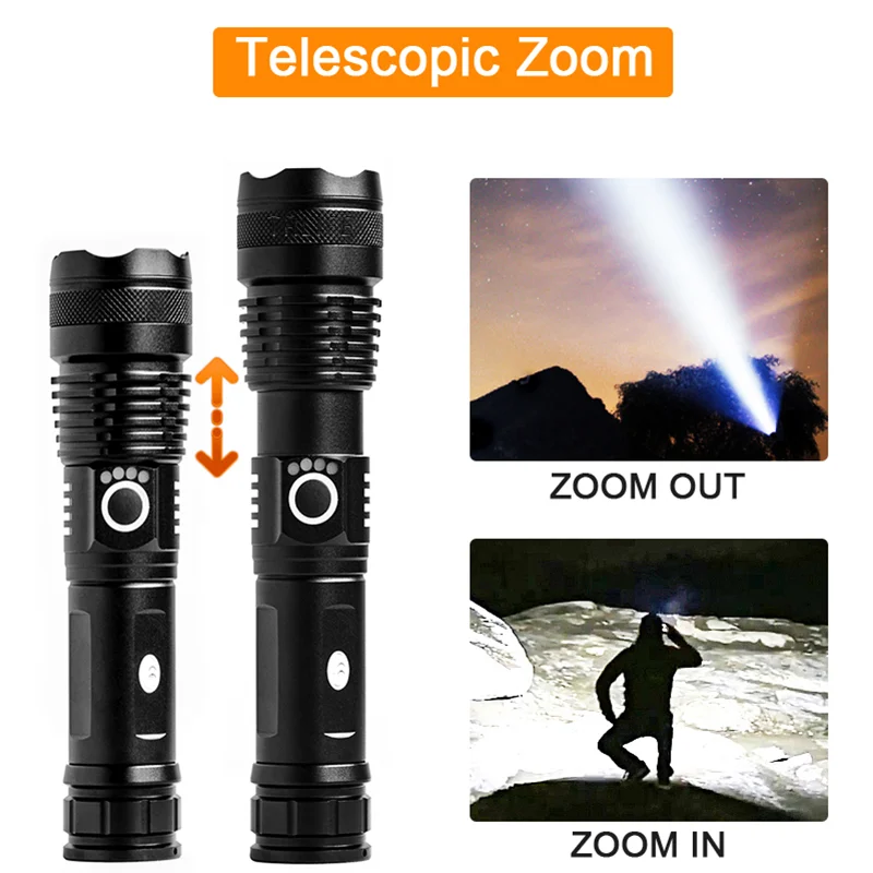 Alumínio telescópico Zoom Lanterna, Power Display, carregamento USB, noite ao ar livre Pesca Luz, Tactical LED Torch, 3000000LM, XHP50.3