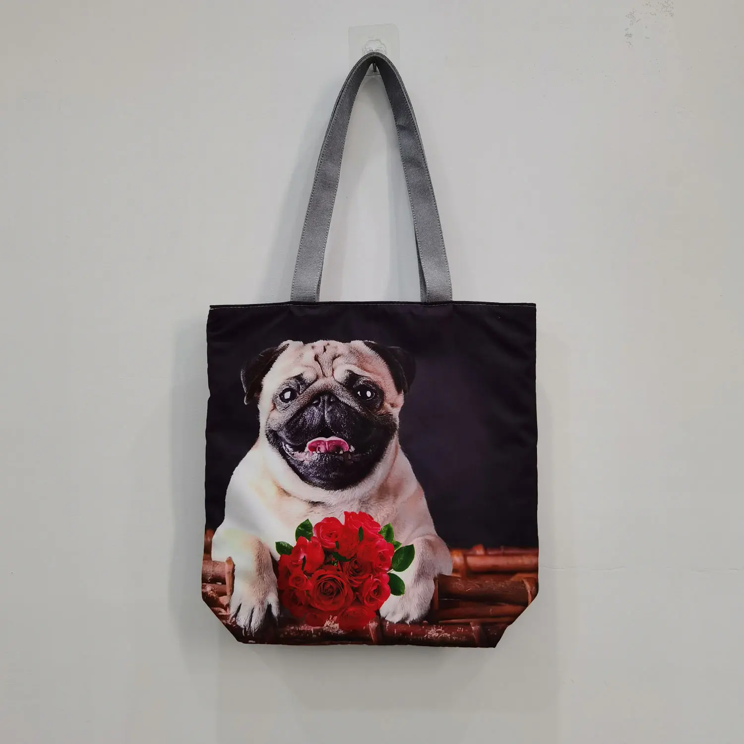 Dog Printed Handbag Cute Pug Casual High Capacity Eco Reusable Shopping Bag Practical Women Floral Outdoor Travel Storage Tote