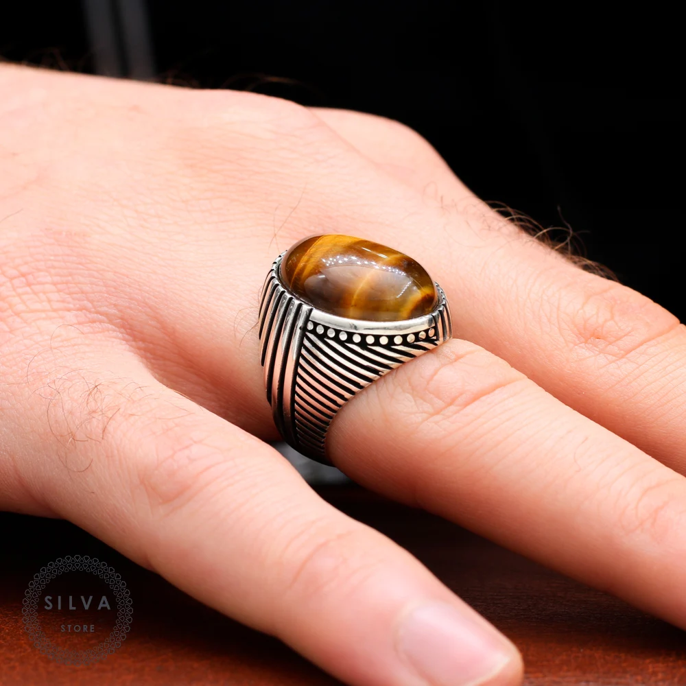 Tiger Eyes 925 Silver Men's ring. Men's Jewelry Stamped With Silver Stamp 925 All Sizes Are Available