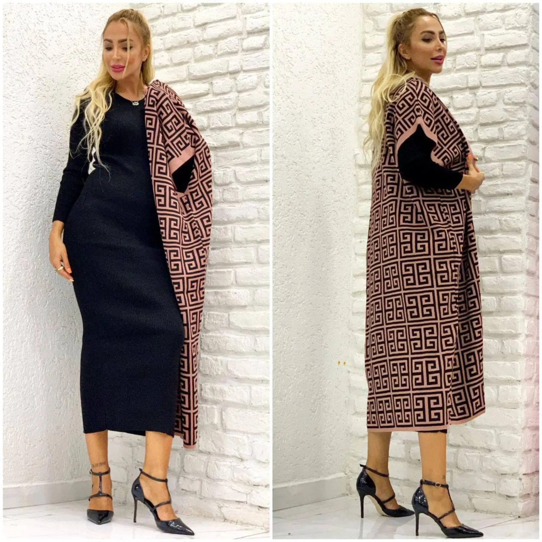 2 Piece Women\'s Set %100 Cotton Knitwear From Turkey Turtleneck Dress and Cardigan Suit Elastic Waist Loose Fit Big size African