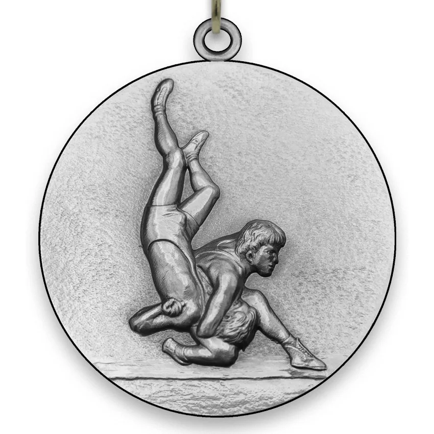 Large Metal Wrestling Silver Medal - 6,4 cm - with Neck Ribbon size 2,2cm x 80 cm - Choice of Ribbon Colours.