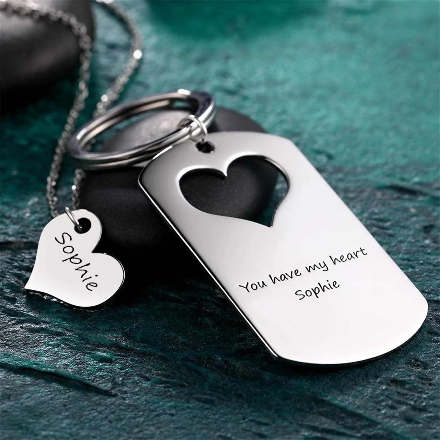 Custom Engraved Couple Keychain And Necklace Set-Heart Dog Tag Stainless Steel Personalized Key Heart Puzzle Keychain Set Gift