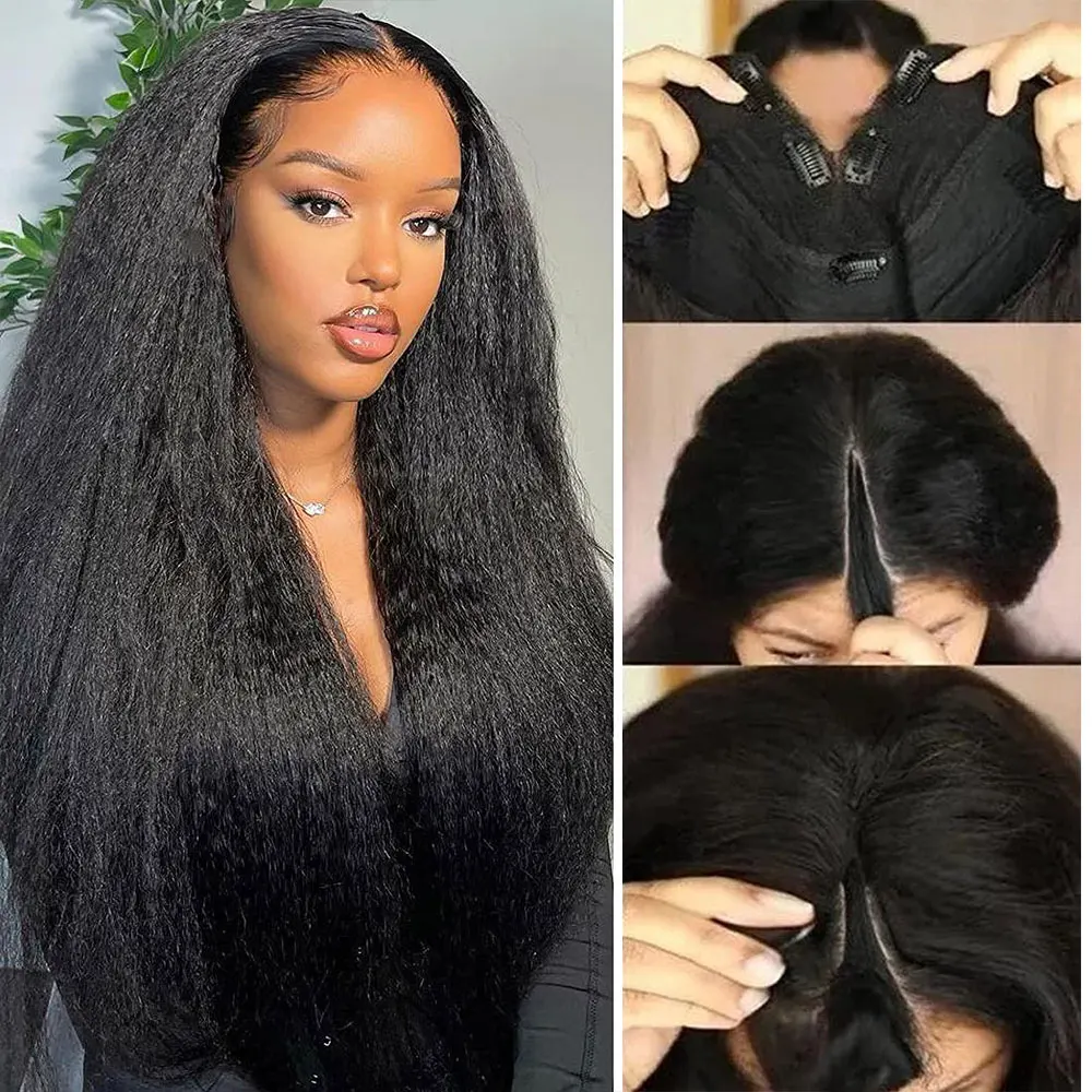 Kinky Straight V U Part Wig Human Hair No Leave Out Glueless Brazilian Wig No Glue V U Part Yaki Human Hair Wigs For Women