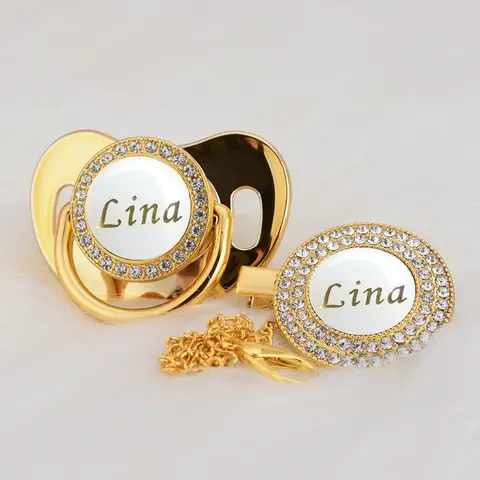 MIYOCAR Personalized any name gold white bling pacifier and pacifier clip BPA free dummy bling unique design PWG