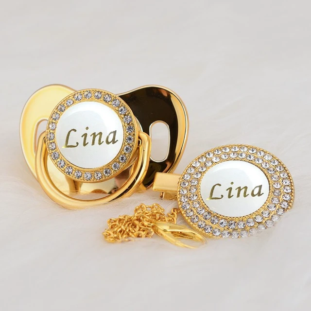 MIYOCAR Personalized any name gold white bling pacifier and pacifier clip BPA free dummy bling unique design PWG AliExpress