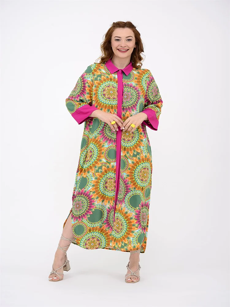 

Batik Patterned Viscose Fabric Garnished Long Shirt Dress 2022 New Season Women's Clothing Fashion 3 Color Options